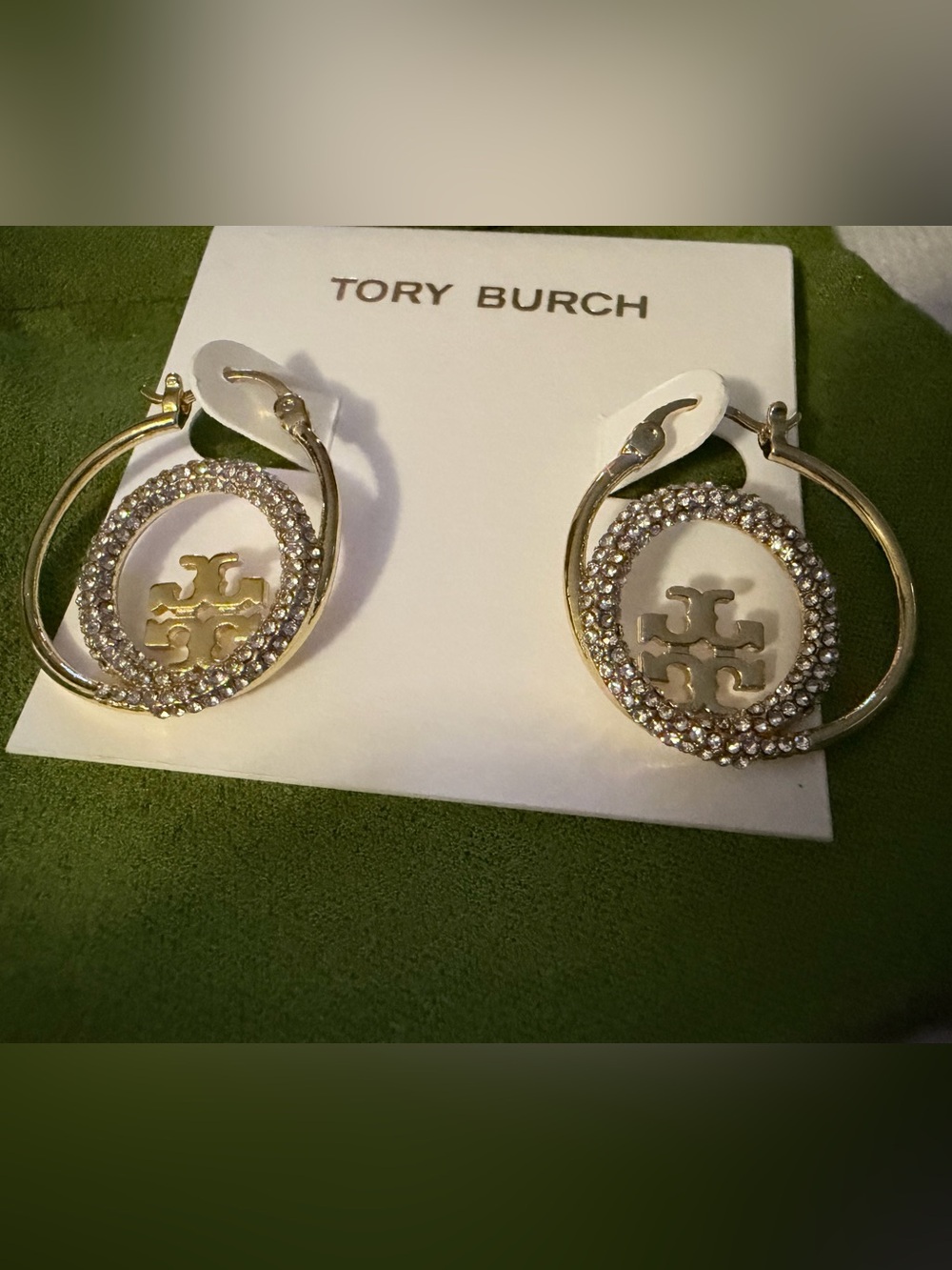 Tory Burch Gold Crystal-Embellished Logo Hoop Earrings